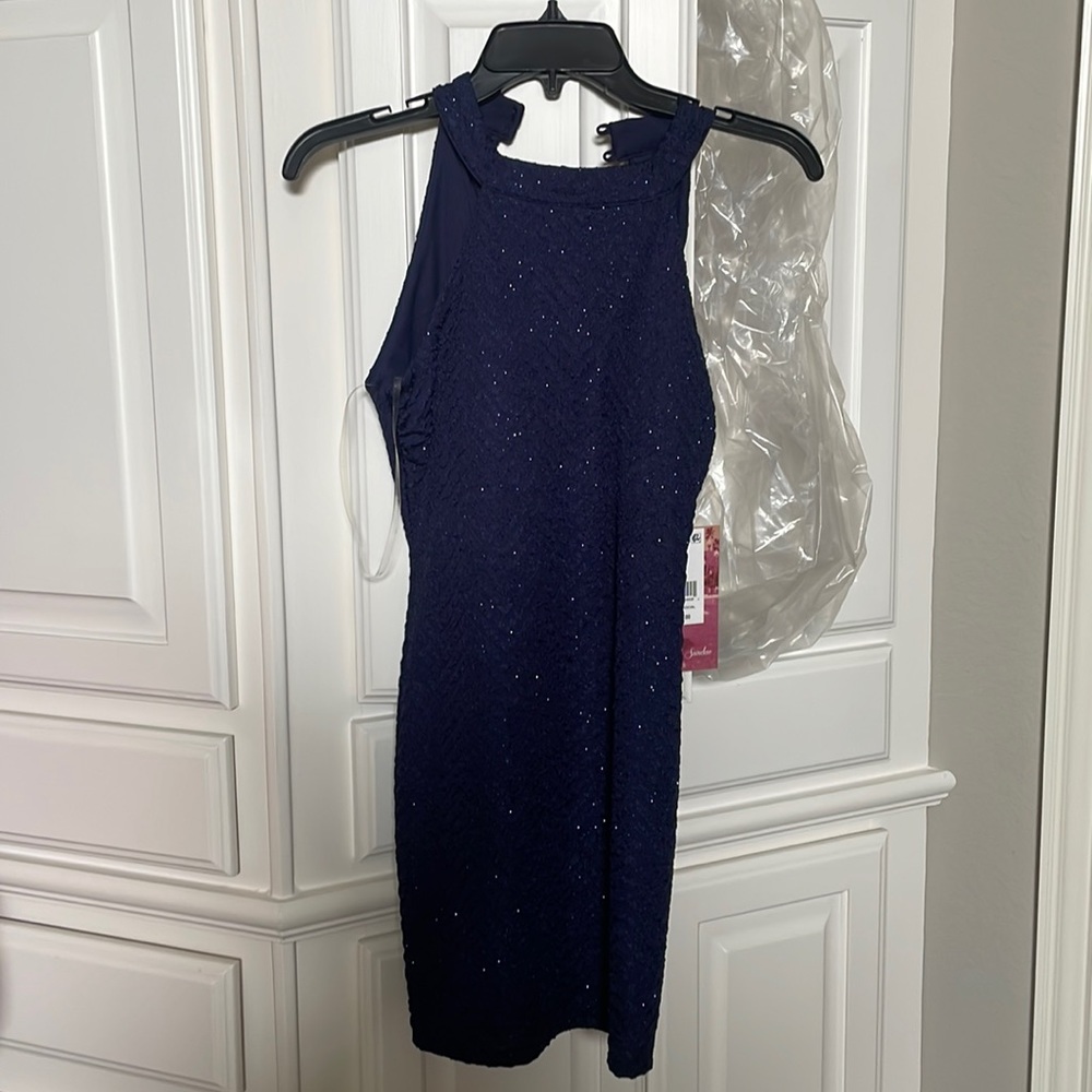 navy Emerald Sunday high collared sparkly dress